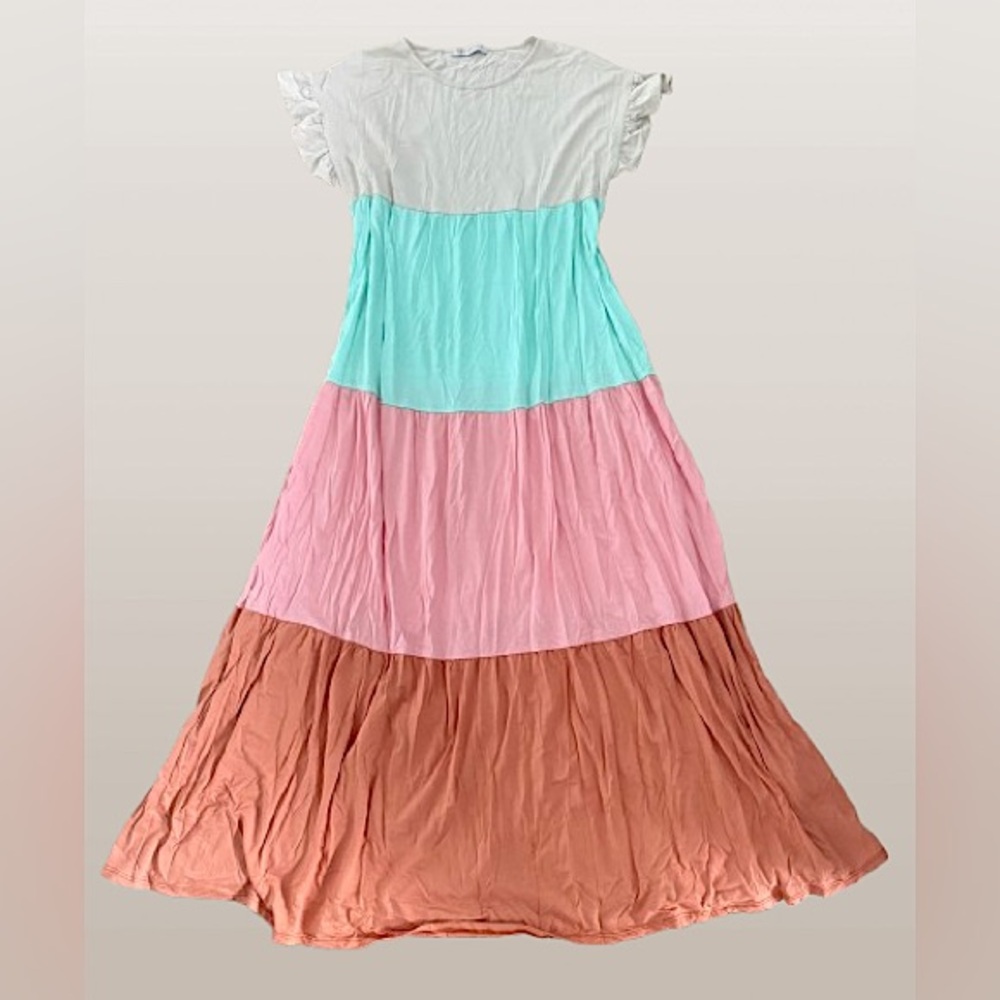 Flowy Pastel Colorblock Tiered Maxi Dress Ruffled Short Sleeve Coastal Medium